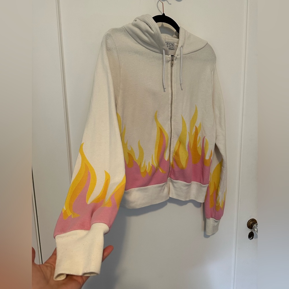 Wildfox white zip-up hoodie with pink/yellow/orange flames- Size S - Picture 6 of 13